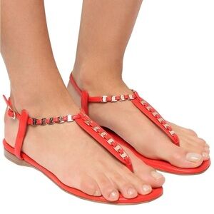 SALVATORE FERRAGAMO TAHITI CORAL LEATHER T-STRAP FLAT SANDALS SIZE 6 C